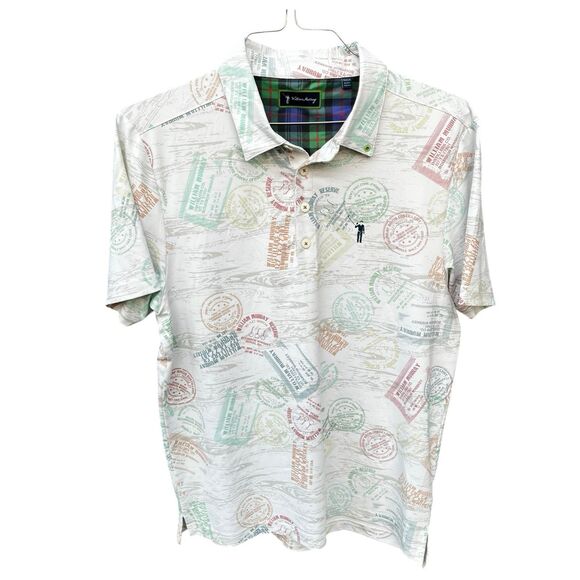 William Murray Golf Polo Men's Medium All Over Print Distillery Whiskey Stamp - Picture 1 of 11